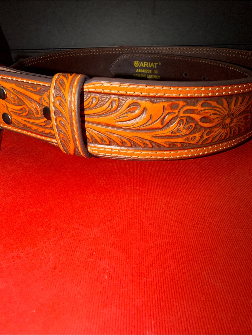 NWOT Ariat Brown Tooled Genuine Leather Belt with Silver & Gold Western Buckle - Picture 2 of 12